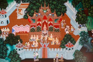 Fresco in Wat Ampharam, Hua Hin, Thailand. Temiya Jataka, ook wel Muga-Pakkha Jataka genoemd, een van de vorige levens van Boeddha